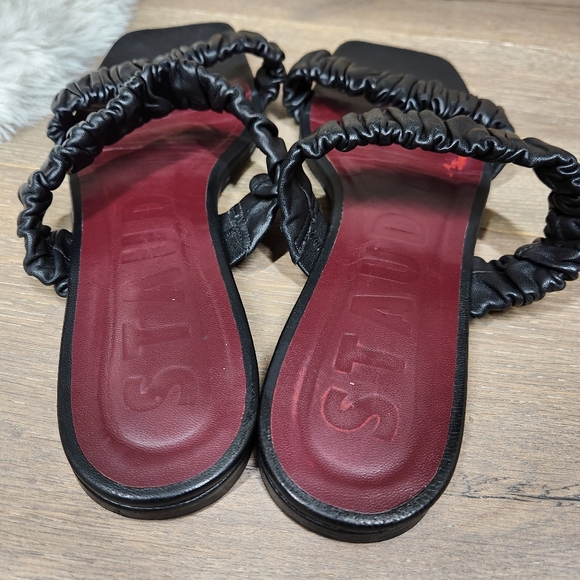 STAUD Maya Black Ruched Leather Slide Strappy Sandals - Picture 2 of 15